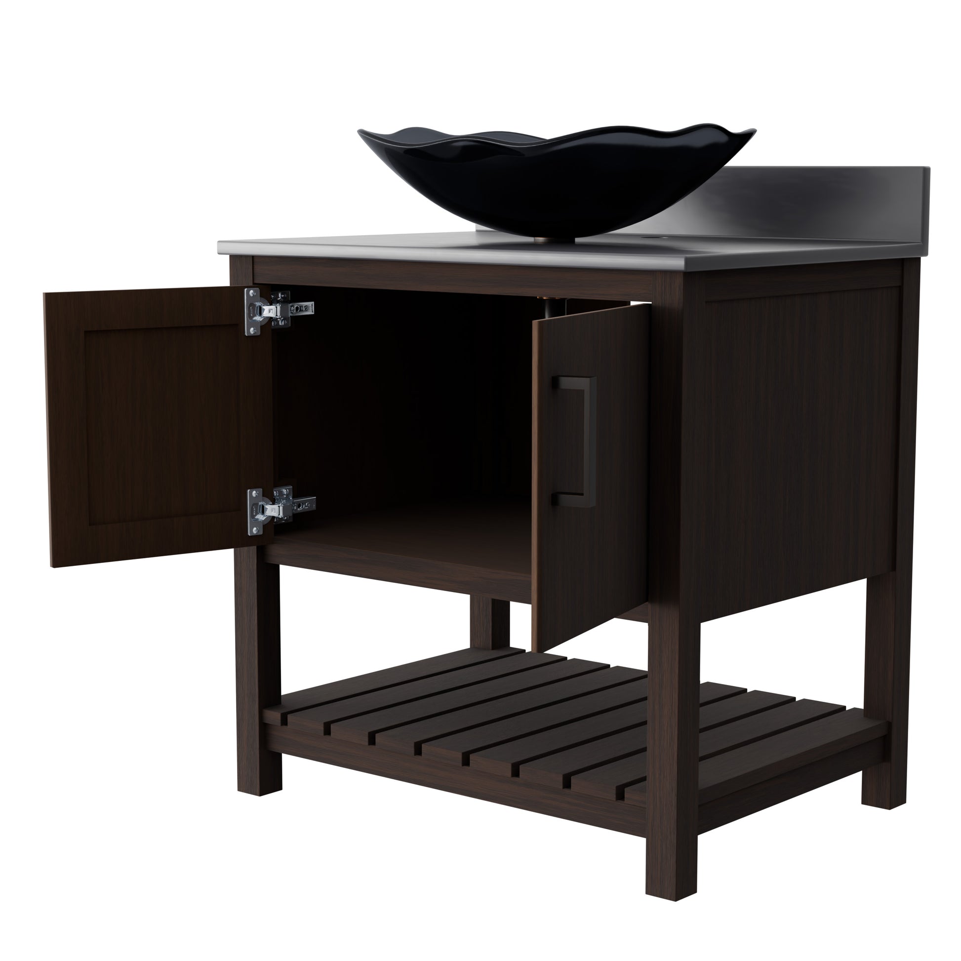 Novatto 30-inch bath vanity with storm grey quartz countertop and sink, showcasing modern bathroom accessory design.