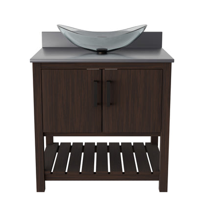 30-inch Novatto bath vanity with storm grey quartz countertop and sink, featuring modern accessory design.
