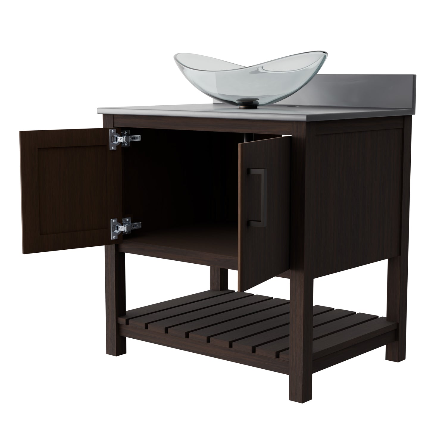Novatto 30-inch bath vanity with storm grey quartz countertop and sink, showcasing sleek bathroom accessory design.