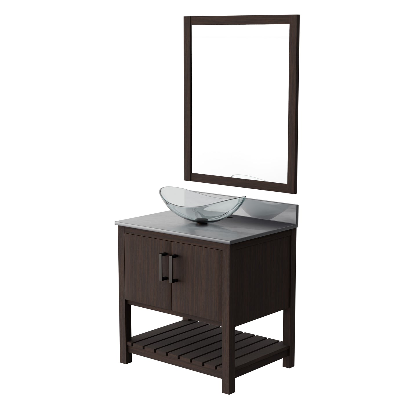 30-inch Novatto bath vanity with storm grey quartz countertop and sink, shown in a modern bathroom setting.