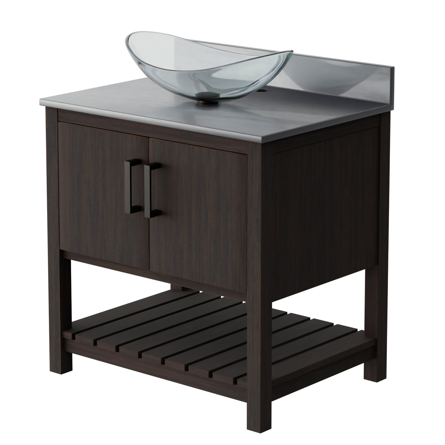 30-inch Novatto bath vanity with storm grey quartz countertop and sink, showcasing sleek bathroom accessory design