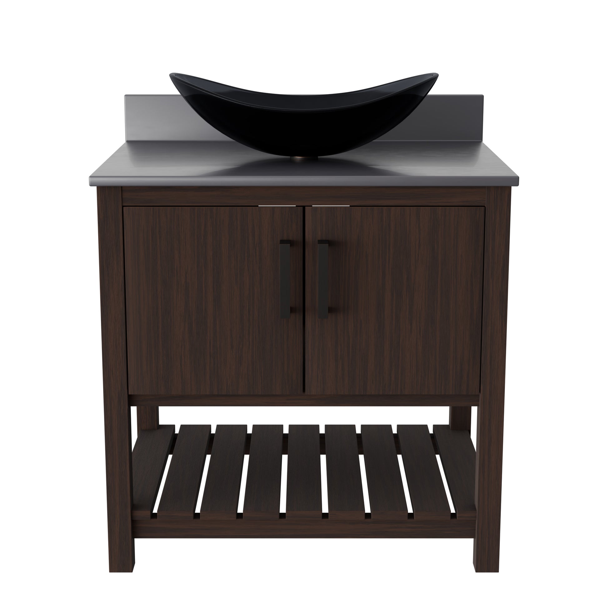 30-inch Novatto bath vanity with storm grey quartz countertop and sink, showcasing modern bathroom accessory design.