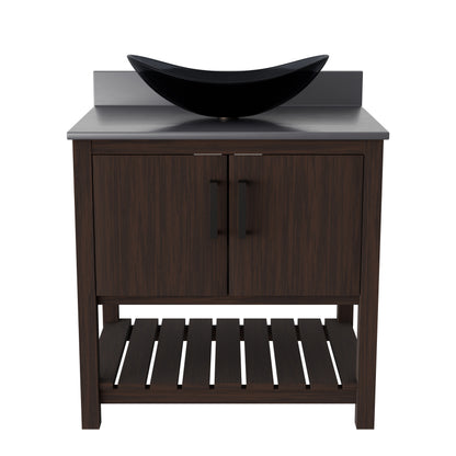 30-inch Novatto bath vanity with storm grey quartz countertop and sink, showcasing modern bathroom accessory design.