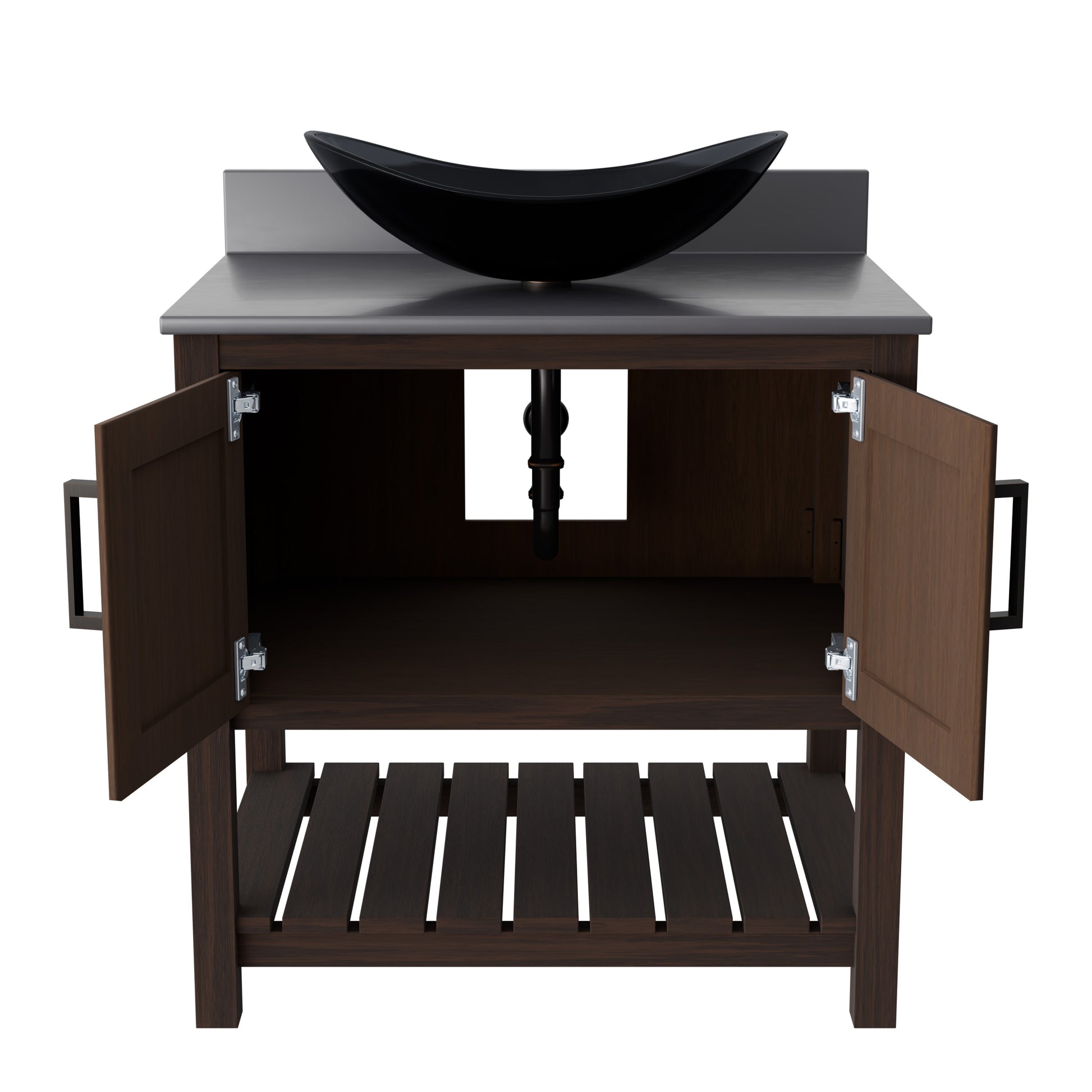 30-inch Novatto bath vanity with storm grey quartz countertop and sink, showcasing modern bathroom accessory design.