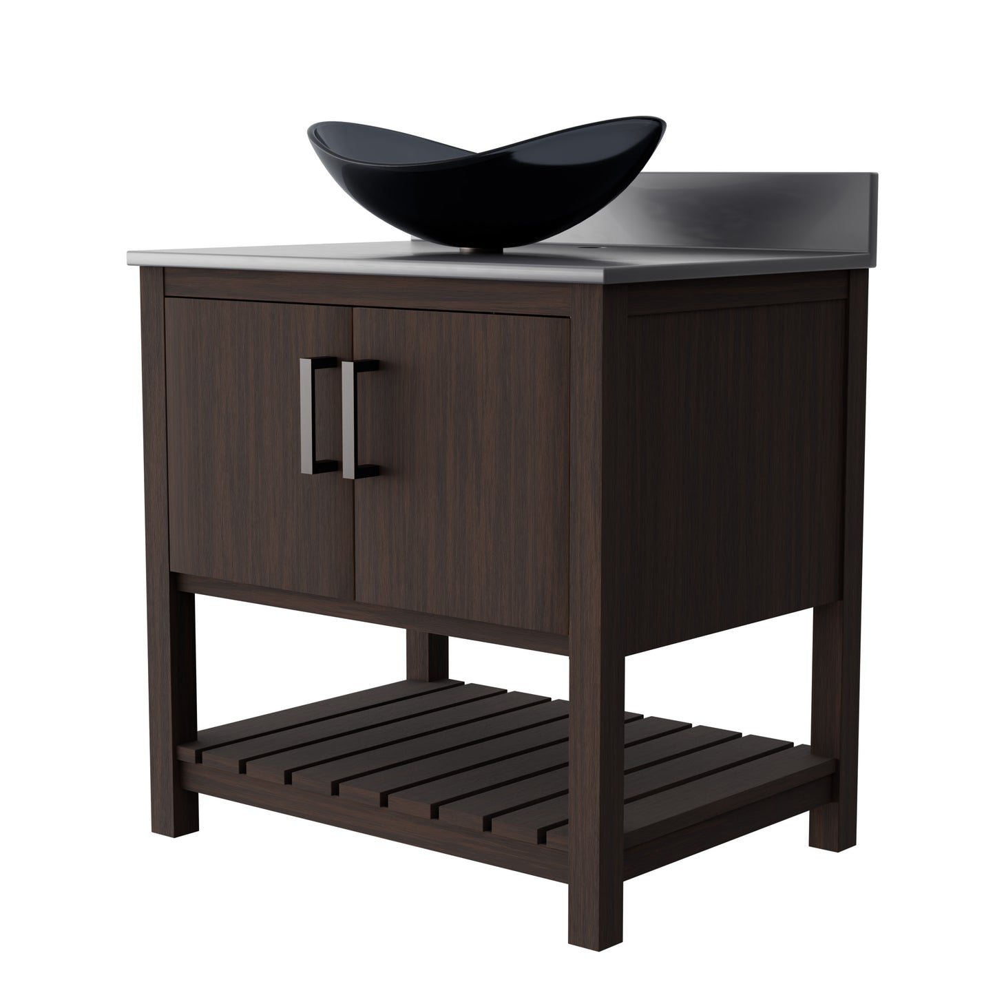 30-inch Novatto bath vanity with storm grey quartz countertop and sink, showcasing the sleek accessory design.