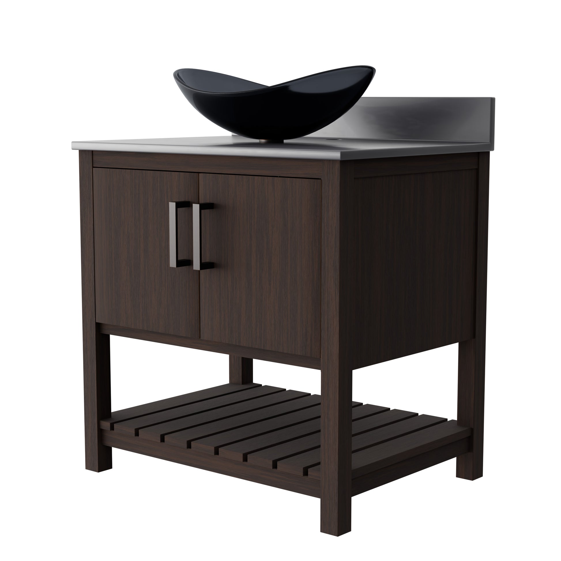 30-inch Novatto bath vanity with storm grey quartz countertop and sink, showcasing the sleek accessory design.