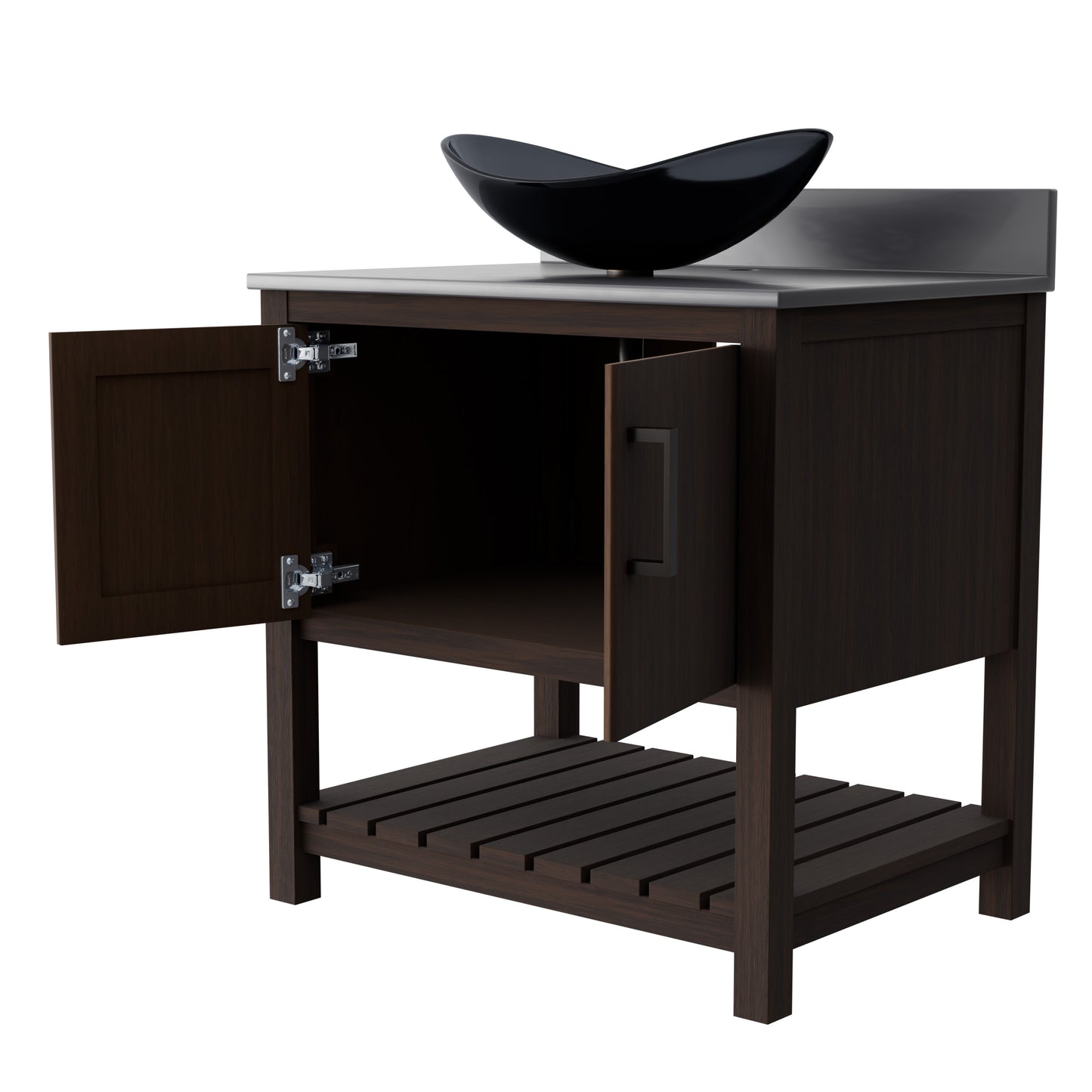 30-inch Novatto bath vanity with storm grey quartz countertop and sink, featuring modern accessory design.