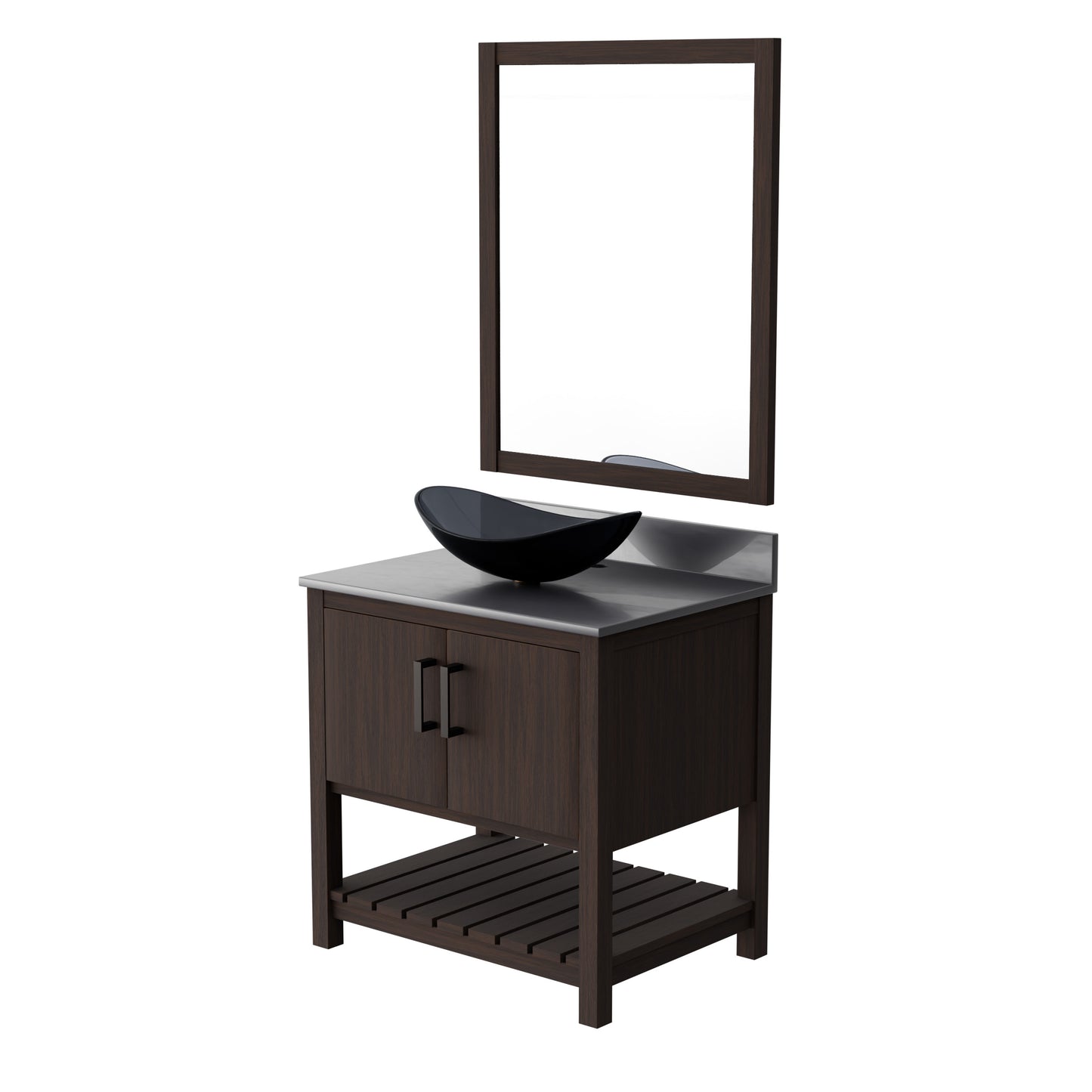30-inch Novatto bathroom vanity with storm grey quartz countertop and sink, showcasing modern design and sleek finish.