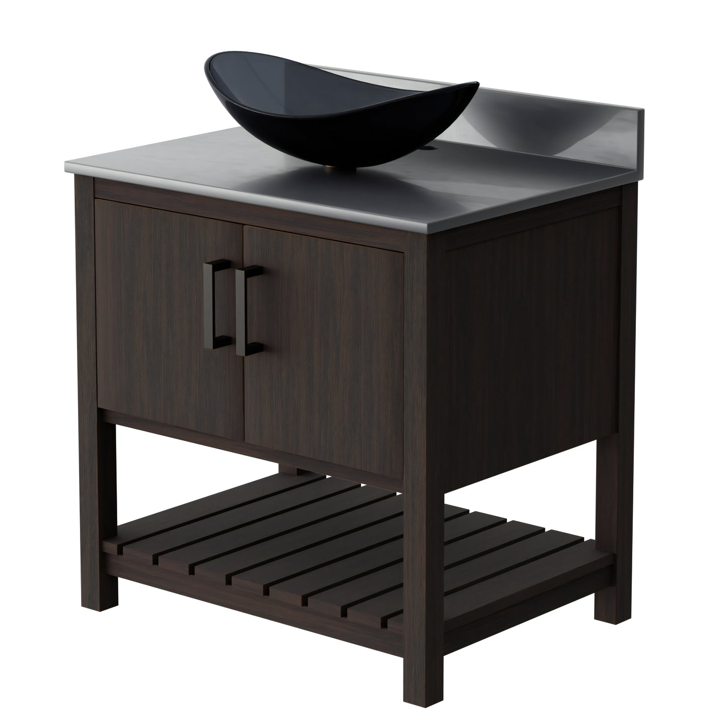 30-inch Novatto bath vanity with storm grey quartz countertop and integrated sink, showcasing modern bathroom accessory design.