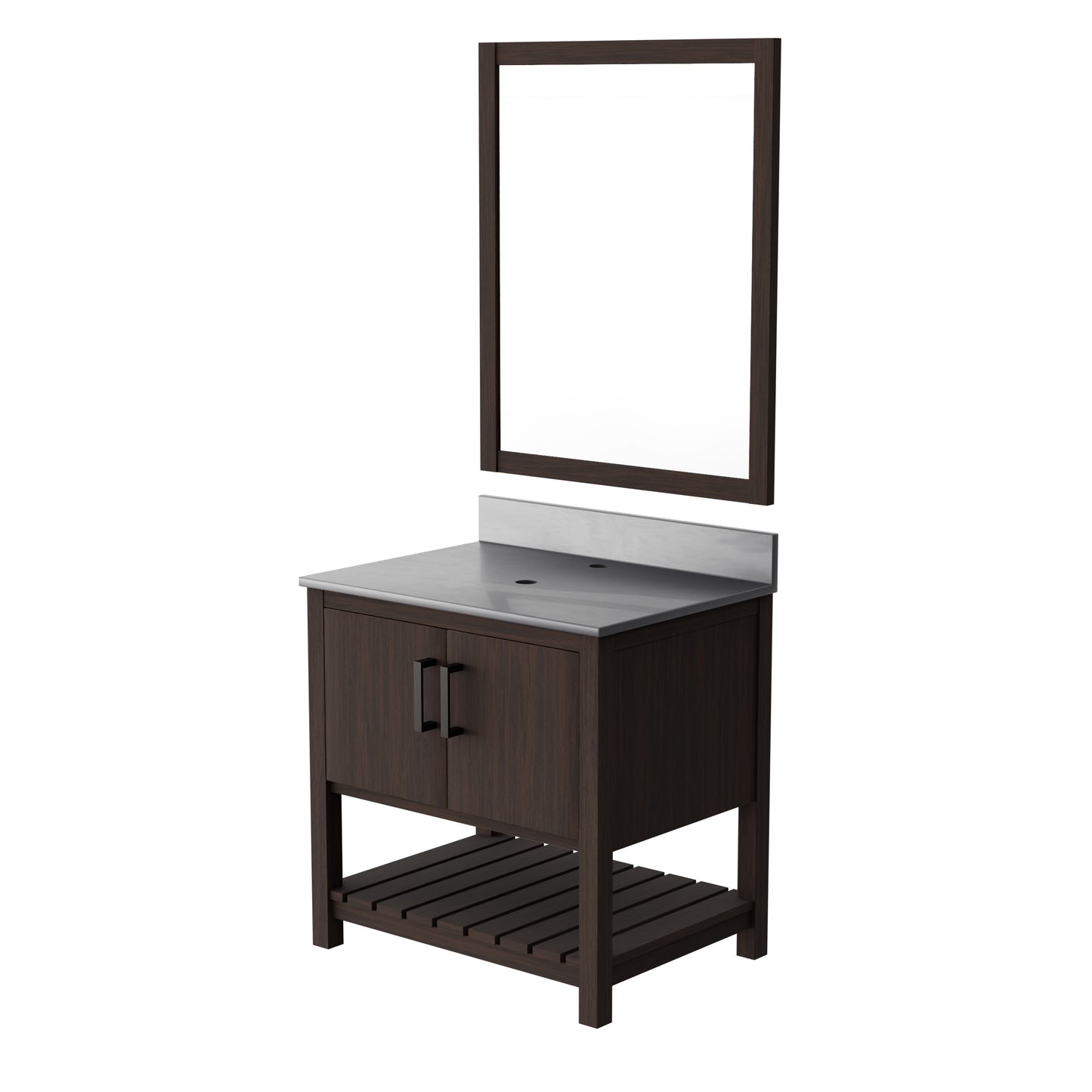 30-inch Novatto vanity with storm grey quartz countertop, featuring a modern accessory design and a mirror.