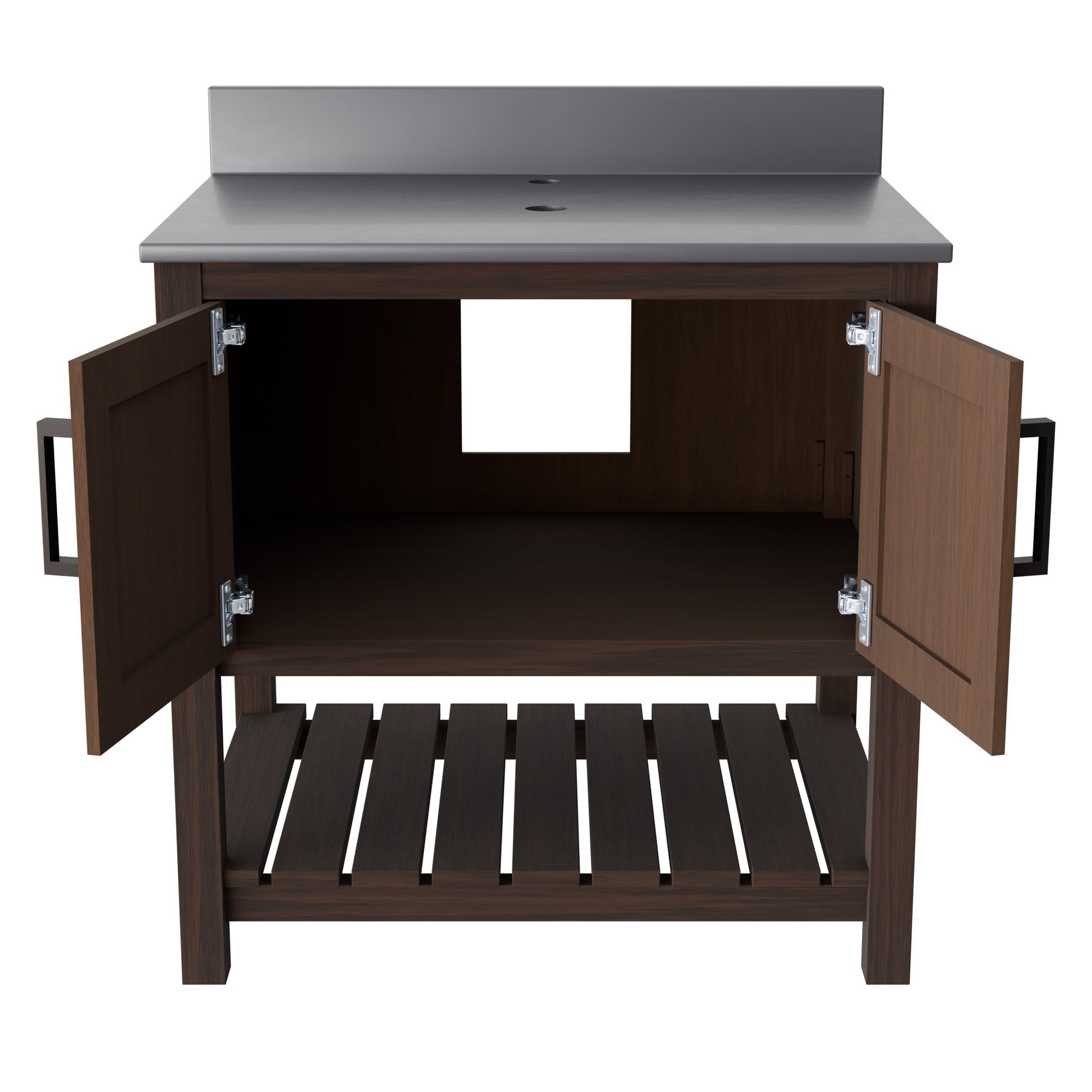 30-inch Novatto vanity with storm grey quartz countertop, showcasing sleek modern bathroom accessory design.