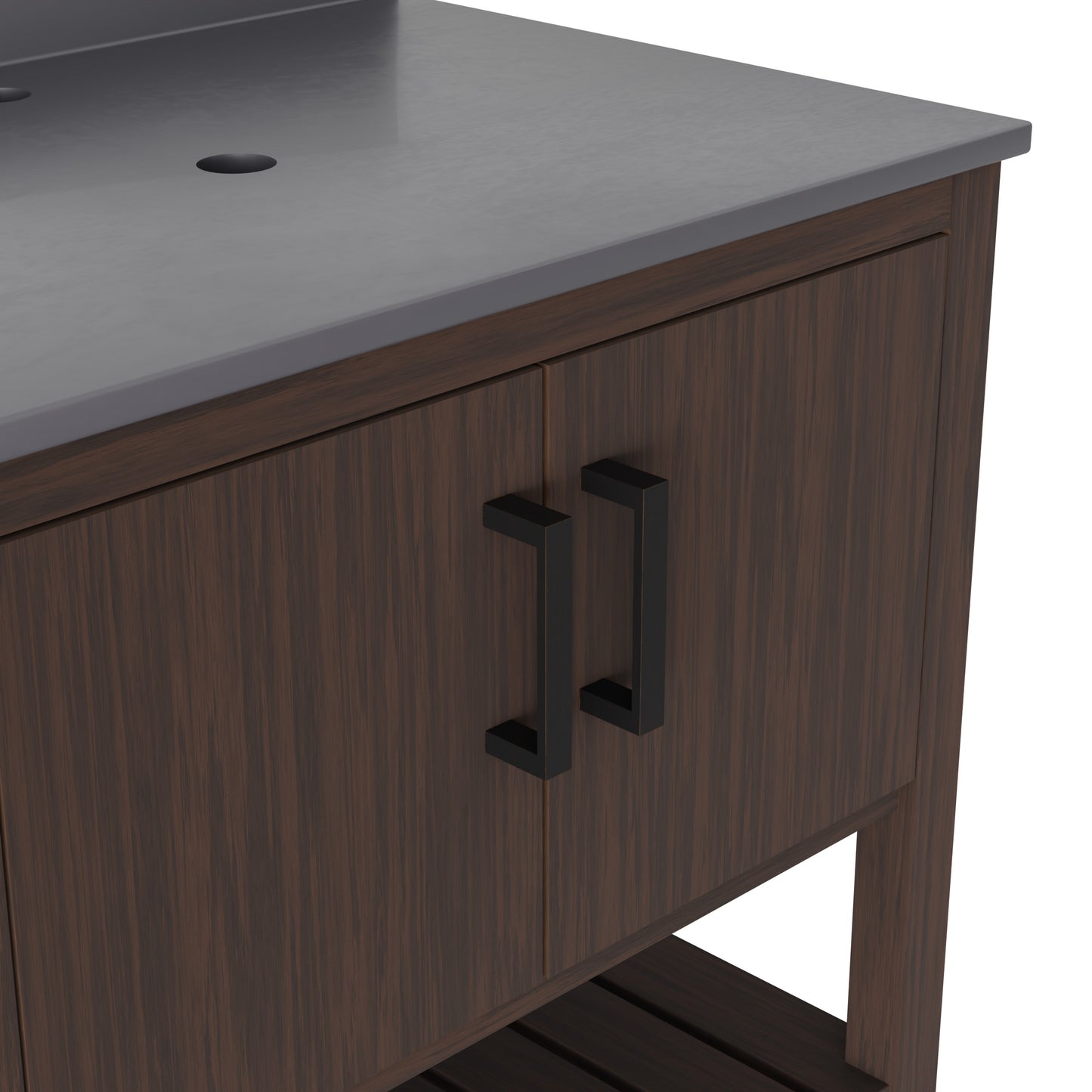30-inch Novatto vanity with storm grey quartz countertop, featuring sleek modern design and accessories for bathroom decor.
