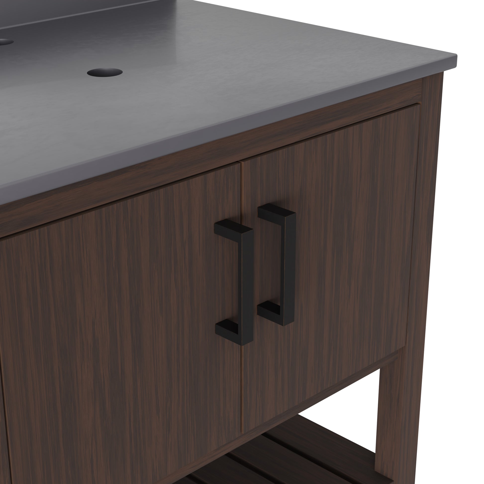 30-inch Novatto vanity with storm grey quartz countertop, featuring sleek modern design and accessories for bathroom decor.