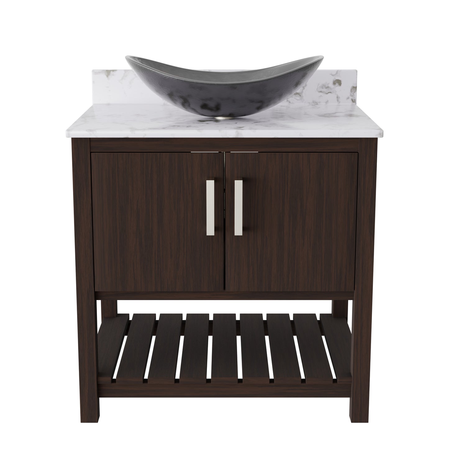 30-inch Novatto bath vanity with café mocha quartz countertop and integrated sink, showcasing modern bathroom accessory.