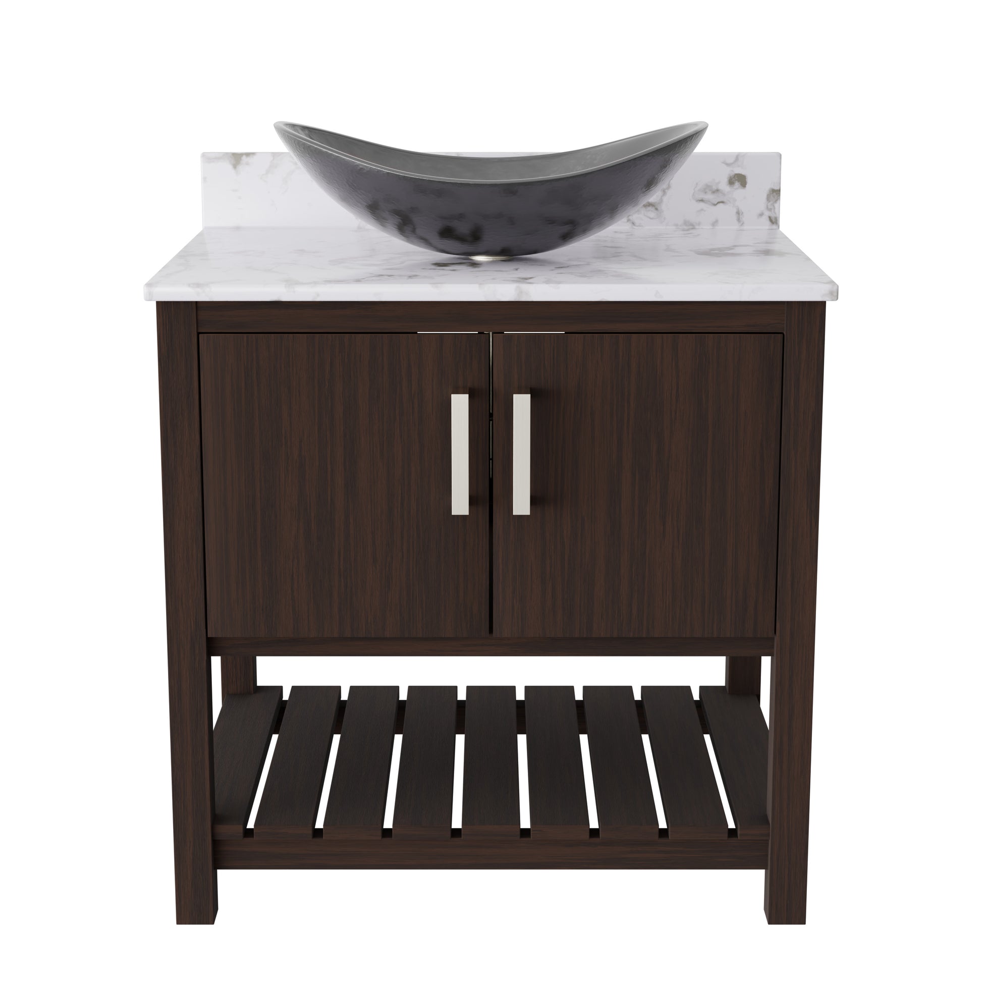 30-inch Novatto bath vanity with café mocha quartz countertop and integrated sink, showcasing modern bathroom accessory.