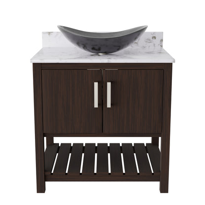 30-inch Novatto bath vanity with café mocha quartz countertop and integrated sink, showcasing modern bathroom accessory.