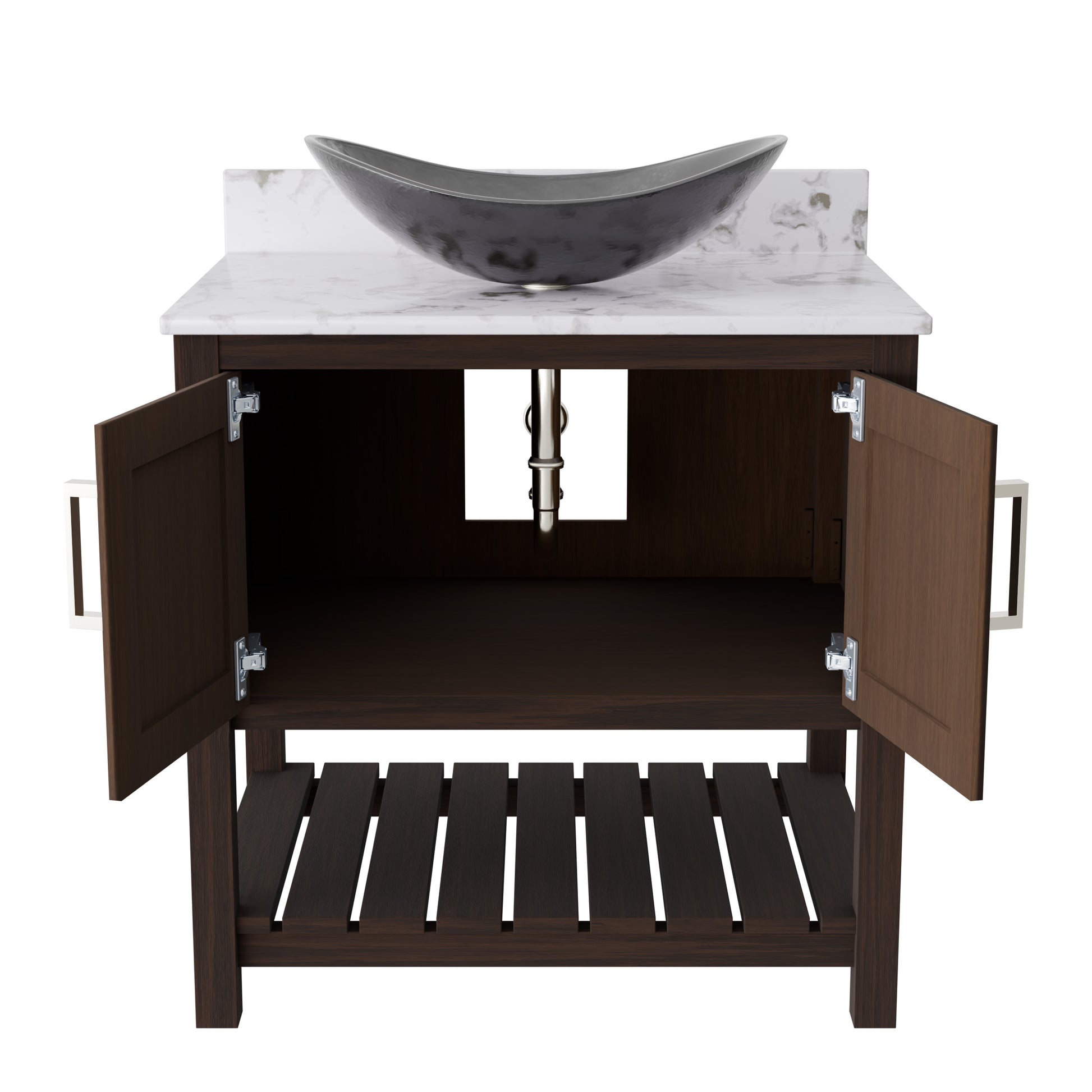 30-inch Novatto bath vanity with café mocha quartz counter and integrated sink, showcasing the sleek, modern bathroom accessory.