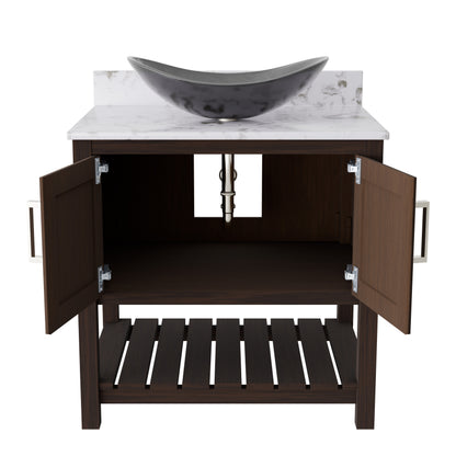 30-inch Novatto bath vanity with café mocha quartz counter and integrated sink, showcasing the sleek, modern bathroom accessory.