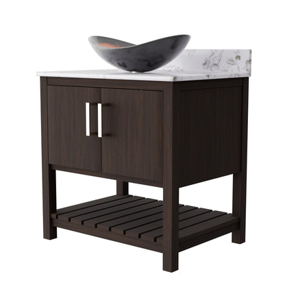 30-inch Novatto bath vanity with café mocha quartz counter and integrated sink, showcasing sleek bathroom accessory design.