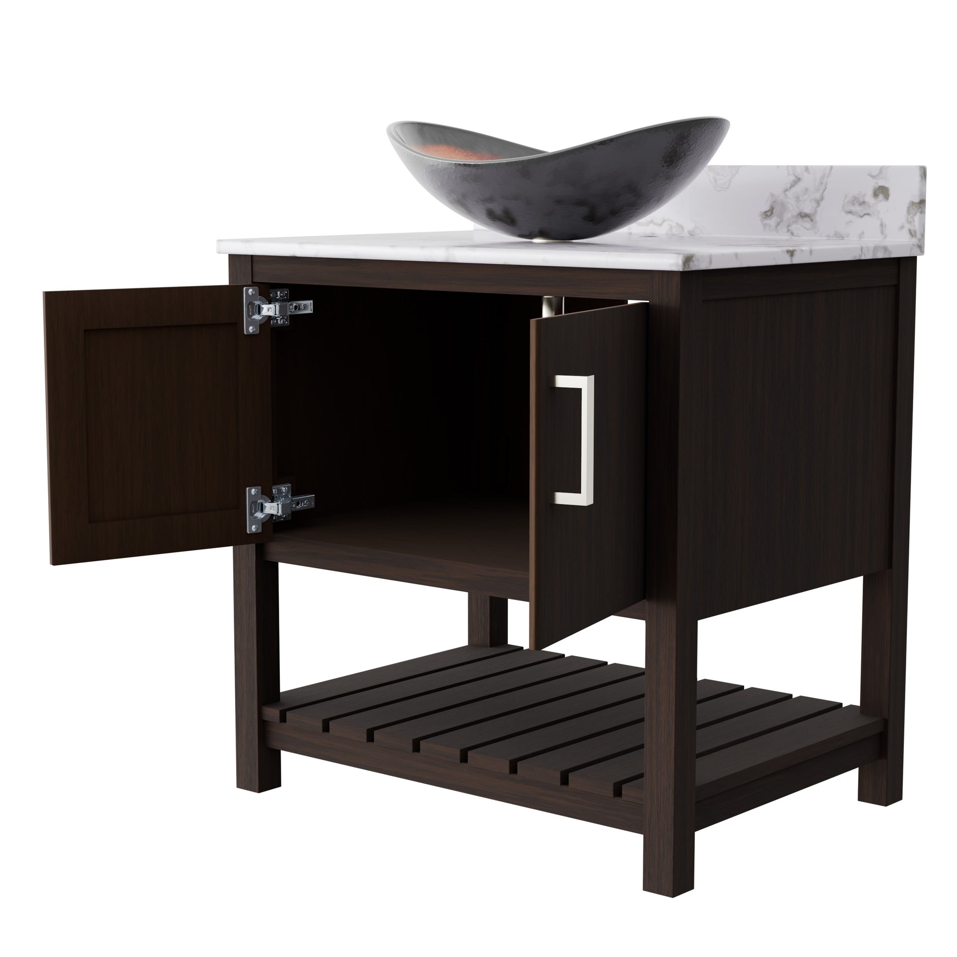 30-inch Novatto bath vanity with café mocha quartz countertop and sink, featuring elegant natural wood finish.