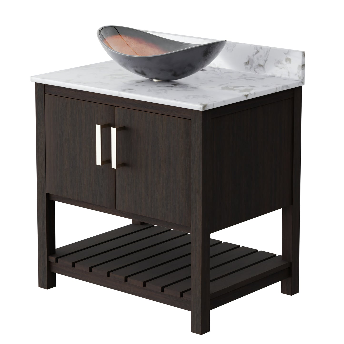 30-inch Novatto bath vanity with café mocha quartz countertop and integrated sink, showcasing sleek bathroom accessory design.