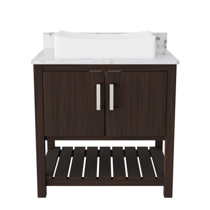30-inch Novatto bath vanity with café mocha quartz countertop and sink, showcasing the elegant accessory design.