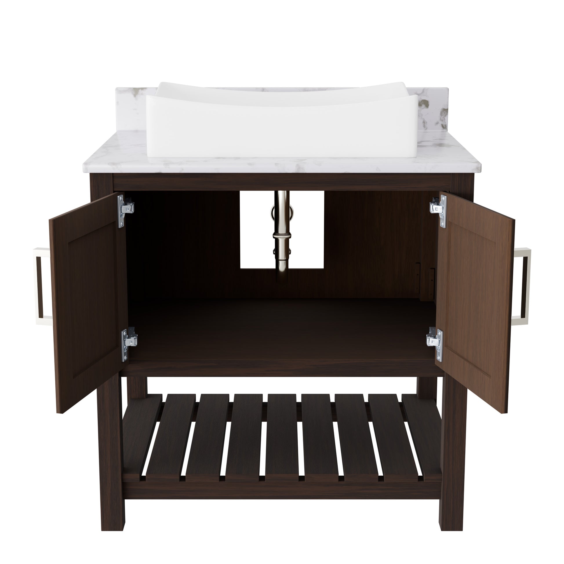 30-inch Novatto bath vanity with Café Mocha quartz counter and sink, showcasing sleek modern bathroom accessory design.