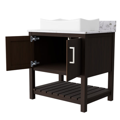 30-inch Novatto bath vanity with café mocha quartz countertop and sink, showcasing elegant bathroom accessory design.