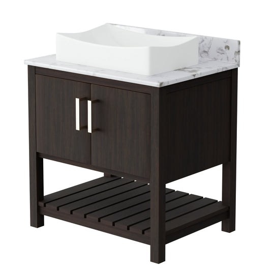 30-inch Novatto bath vanity with café mocha quartz countertop and integrated sink, showcasing sleek bathroom accessory design.