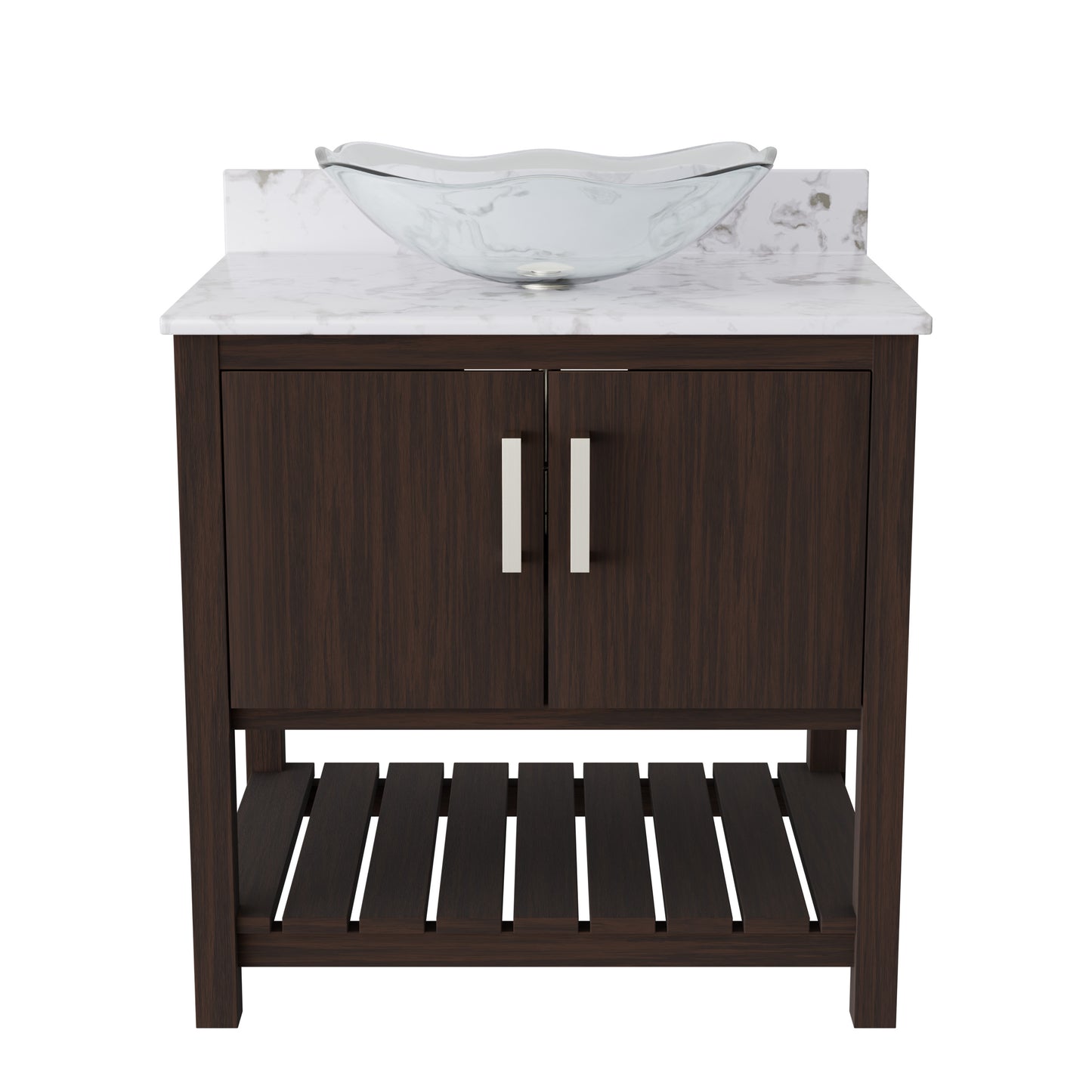 30-inch Novatto bath vanity with café mocha quartz countertop and integrated sink, modern bathroom accessory.