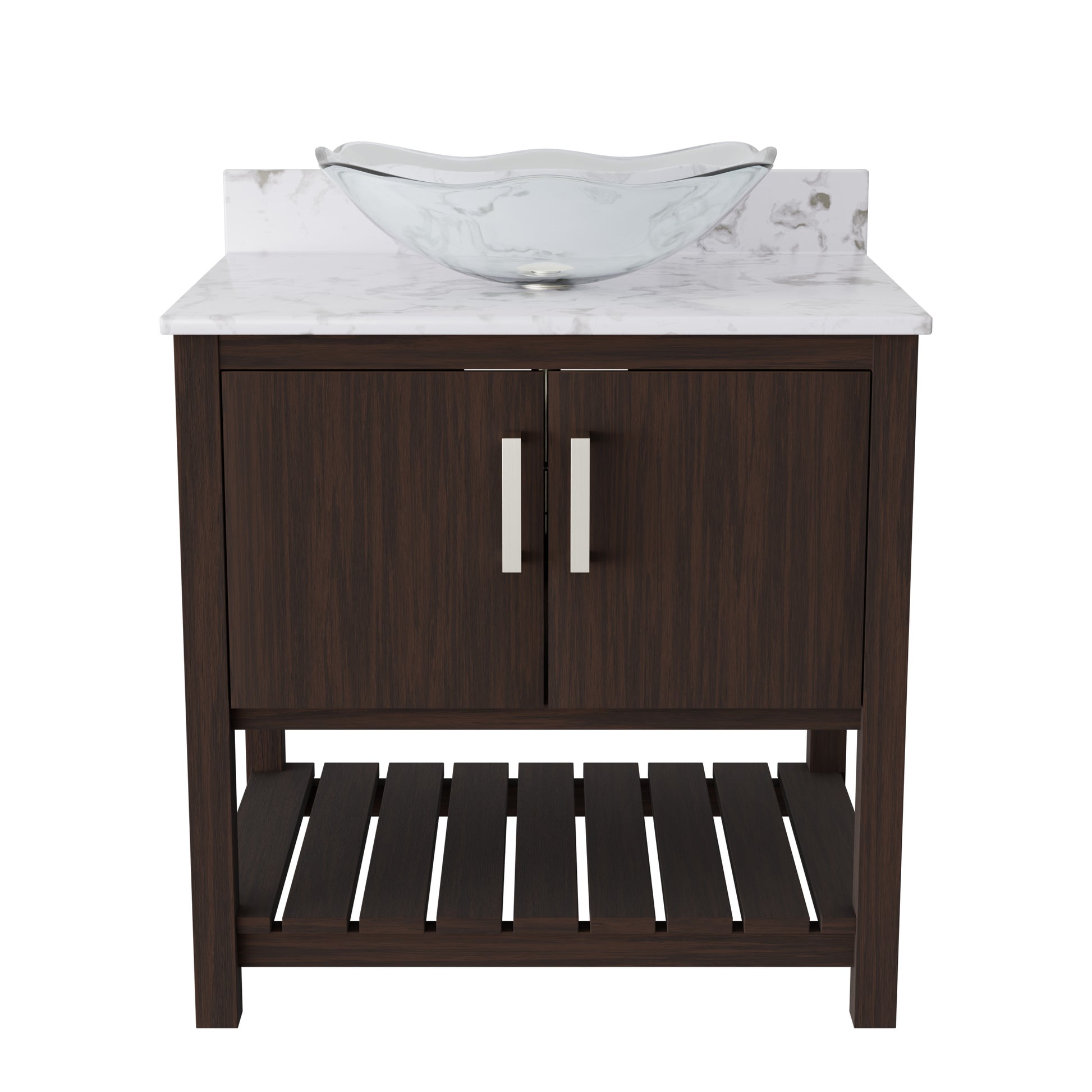 30-inch Novatto bath vanity with café mocha quartz countertop and integrated sink, modern bathroom accessory.