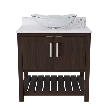 30-inch Novatto bath vanity with café mocha quartz countertop and integrated sink, modern bathroom accessory.
