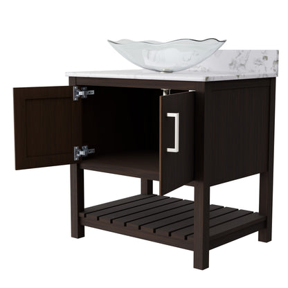 30-inch Novatto bath vanity with café mocha quartz countertop and integrated sink, showcasing sleek bathroom accessory design.