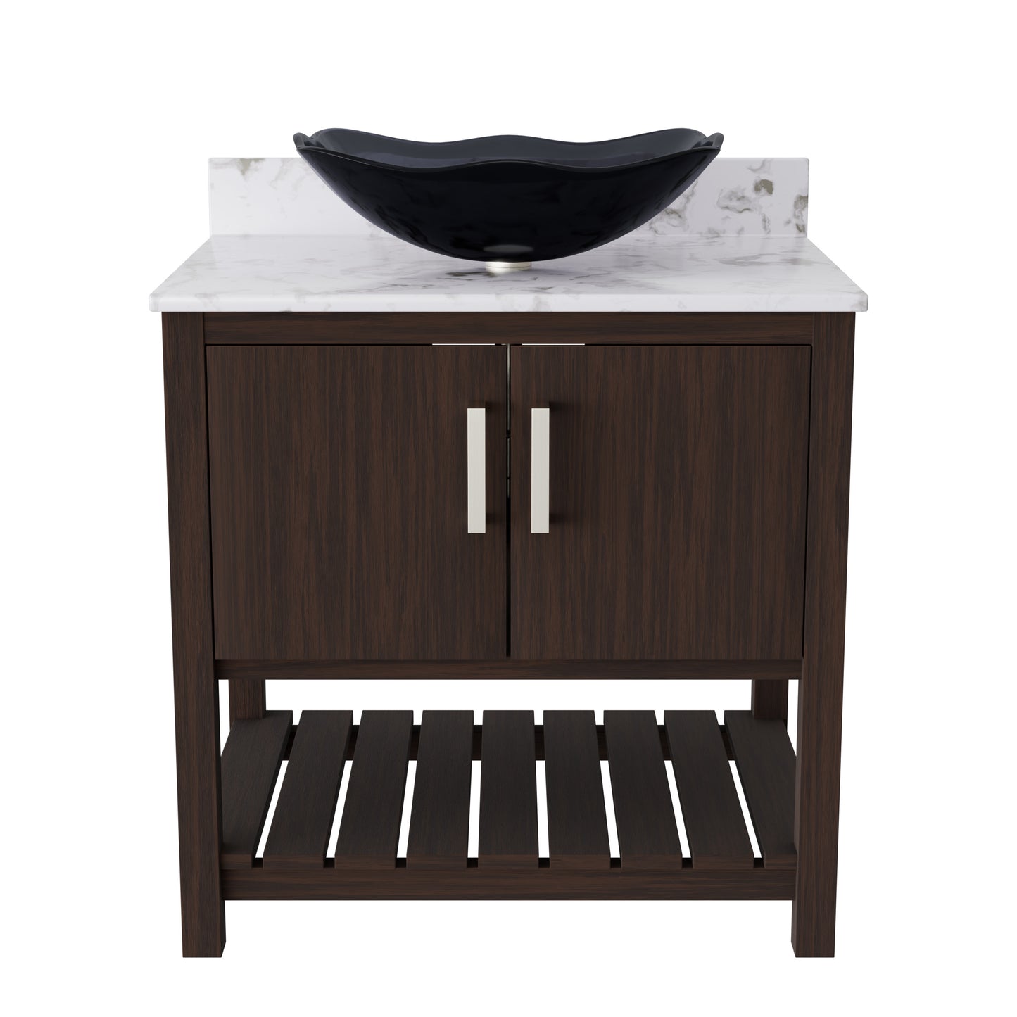 30-inch Novatto bath vanity with café mocha quartz countertop and integrated sink, showcasing a sleek bathroom accessory.