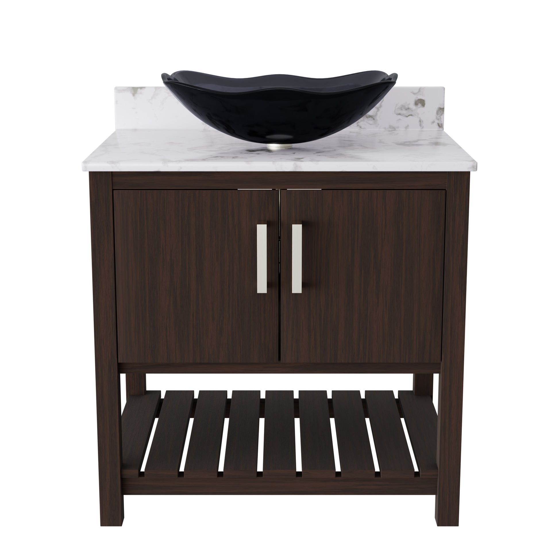 30-inch Novatto bath vanity with café mocha quartz countertop and integrated sink, showcasing a sleek bathroom accessory.