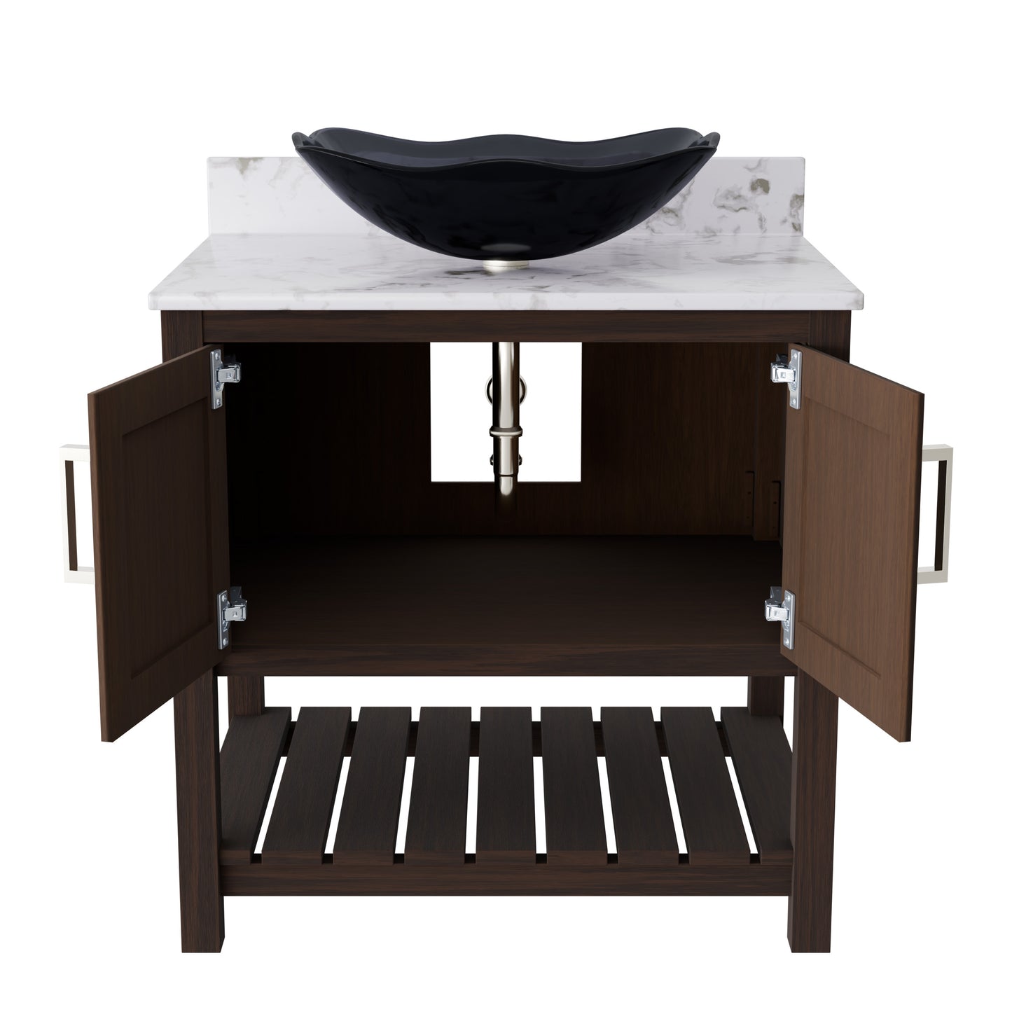 30-inch Novatto bath vanity with Café Mocha quartz countertop and integrated sink, featuring modern accessory design.