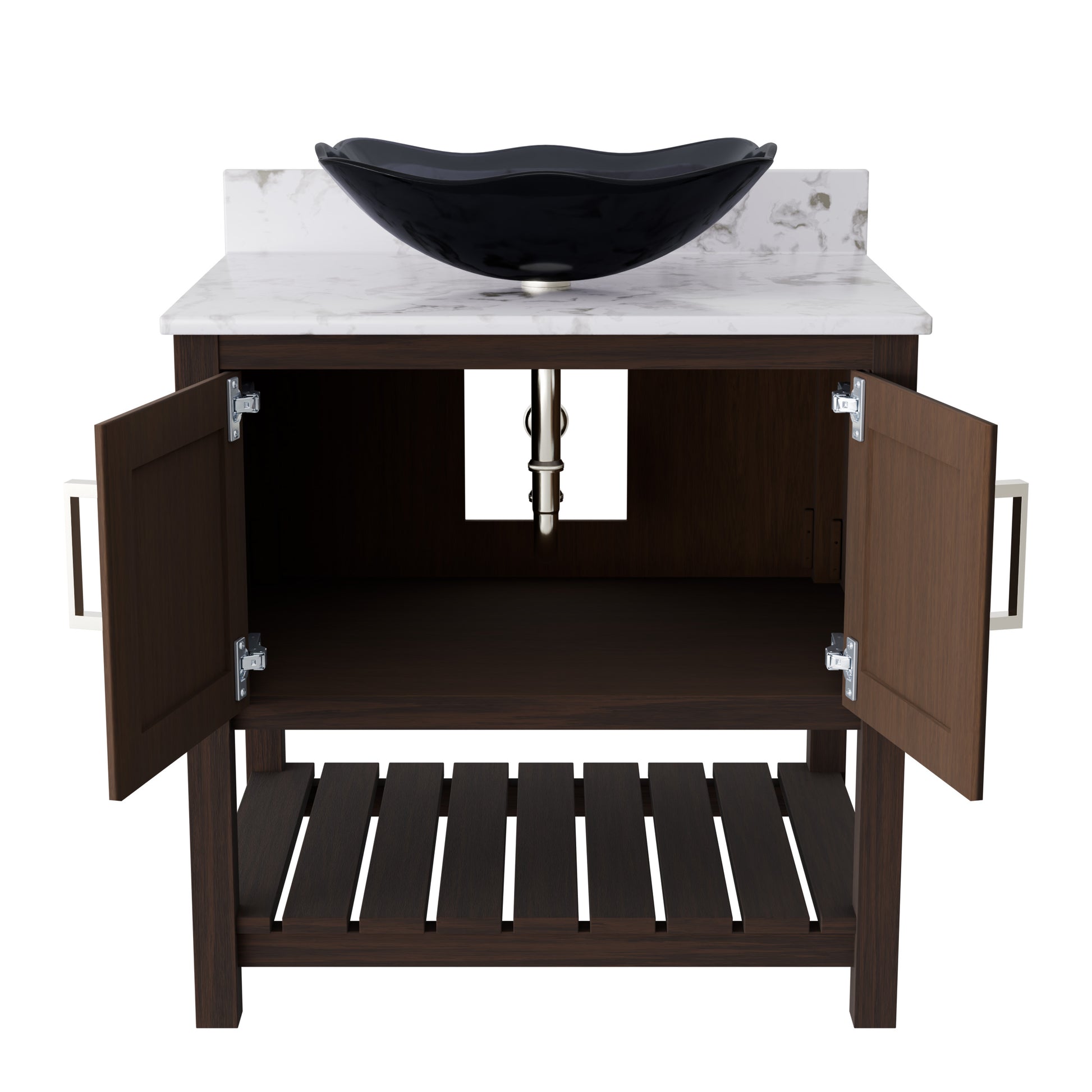 30-inch Novatto bath vanity with Café Mocha quartz countertop and integrated sink, featuring modern accessory design.