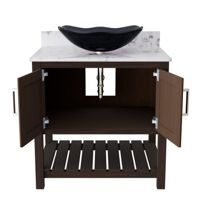 30-inch Novatto bath vanity with Café Mocha quartz countertop and integrated sink, featuring modern accessory design.