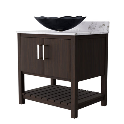 30-inch Novatto bath vanity with Café Mocha quartz countertop and integrated sink, showcasing elegant bathroom accessory design.