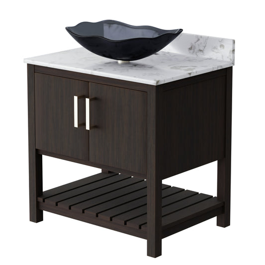 30-inch Novatto bath vanity with café mocha quartz countertop and sink, featuring a modern bathroom accessory design.