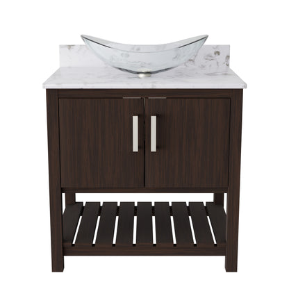 30-inch Novatto bath vanity with cafe mocha quartz countertop and integrated sink, showcasing sleek bathroom accessory design.