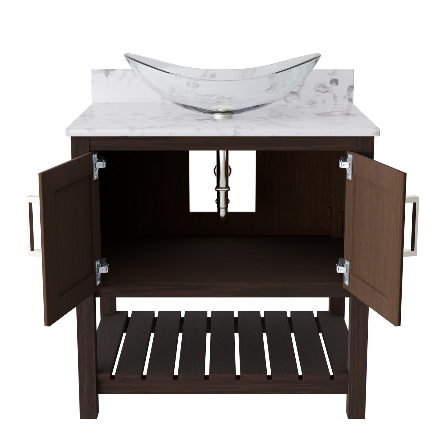 30-inch Novatto bath vanity with cafe mocha quartz countertop and sink, showcasing the elegant accessory design.