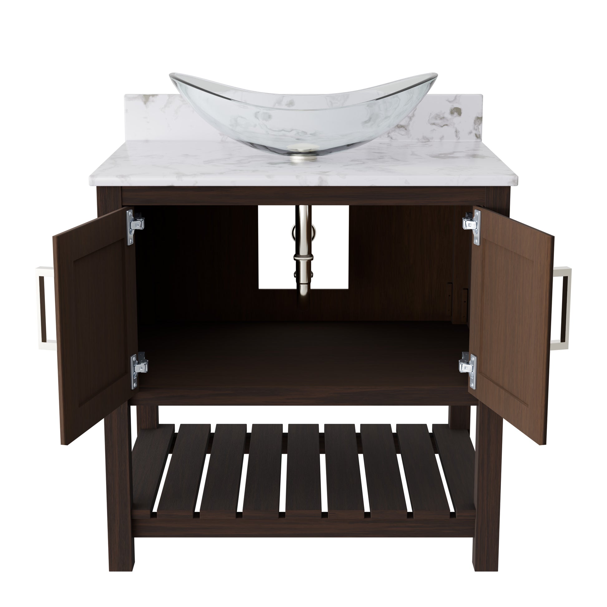 30-inch Novatto bath vanity with cafe mocha quartz countertop and sink, showcasing the elegant accessory design.