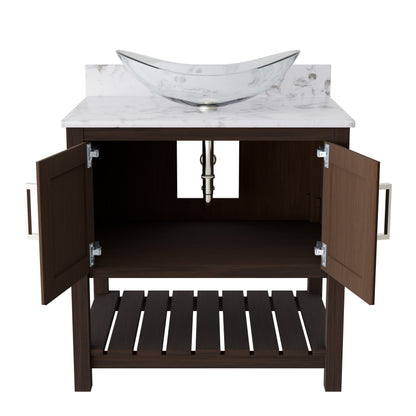 30-inch Novatto bath vanity with cafe mocha quartz countertop and sink, showcasing the elegant accessory design.