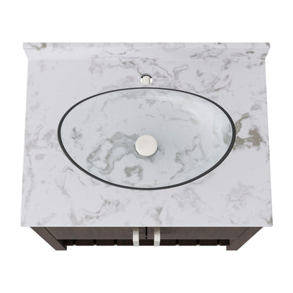 30-inch Novatto bath vanity with cafe mocha quartz countertop and integrated sink, featuring modern bathroom accessory design.