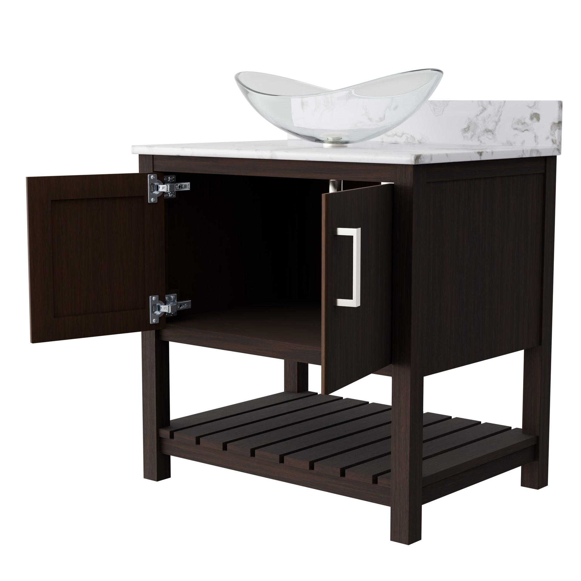 30-inch Novatto bath vanity with cafe mocha quartz countertop and integrated sink, showcasing bathroom accessory design.