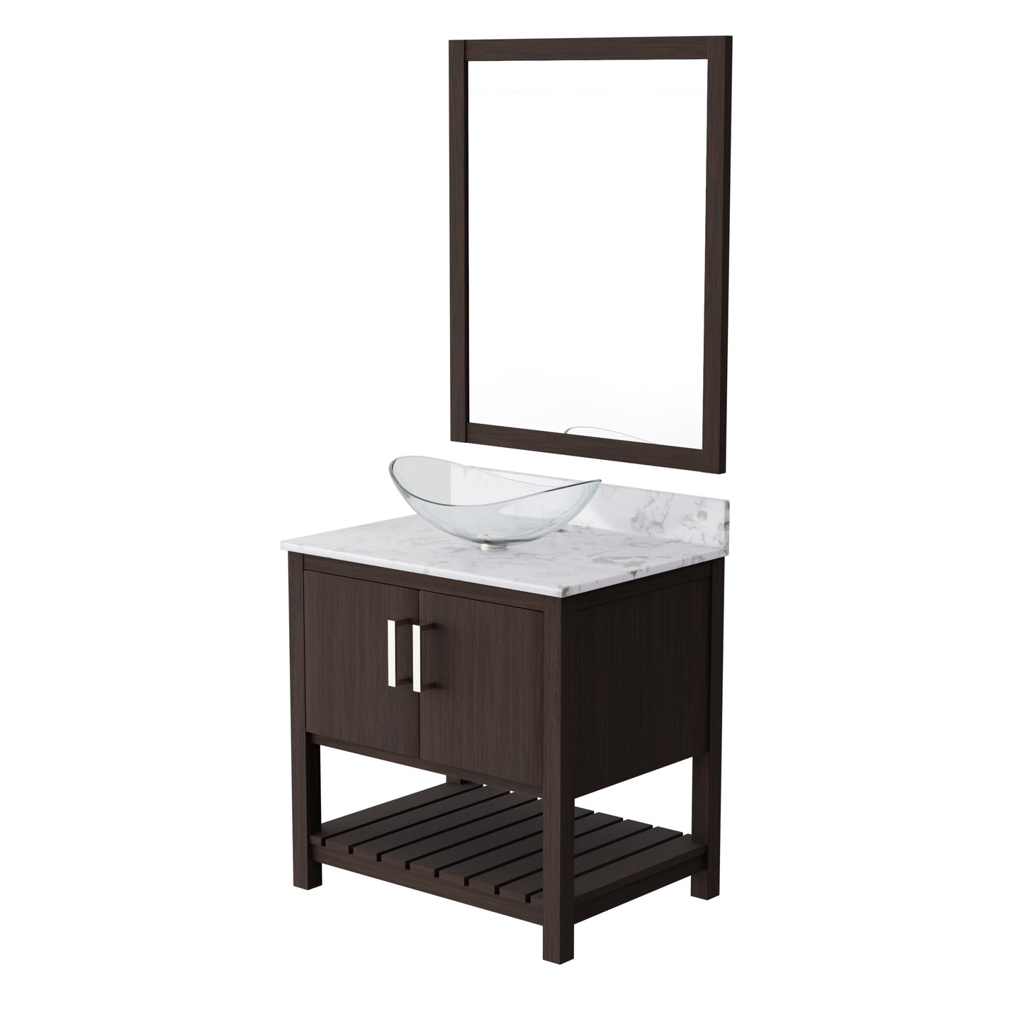 30-inch Novatto bath vanity with cafe mocha quartz countertop and integrated sink, featuring sleek modern design