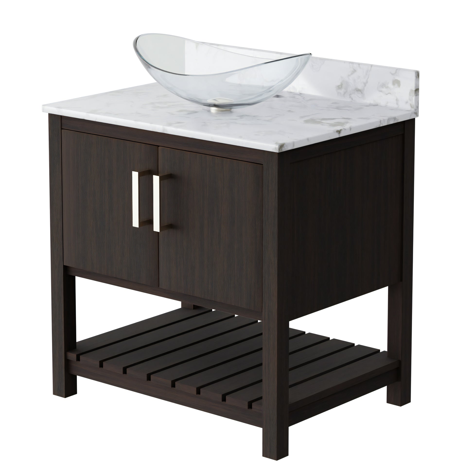 30-inch Novatto bath vanity with cafe mocha quartz countertop and built-in sink, showcasing sleek bathroom accessory design.