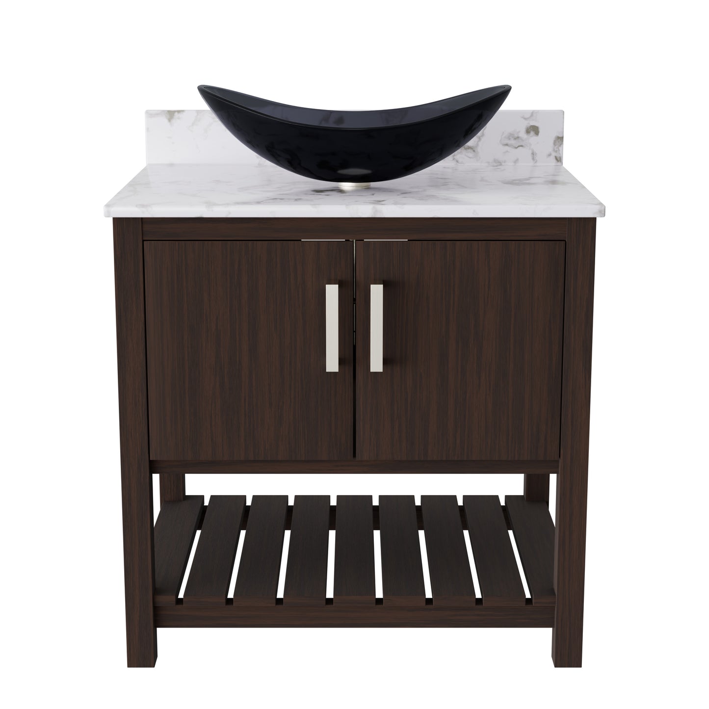 30-inch Novatto bath vanity with café mocha quartz countertop and integrated sink, modern bathroom accessory design.