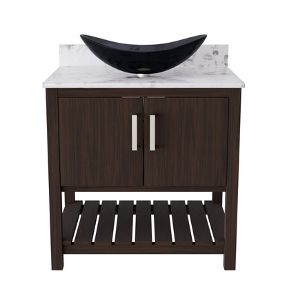 30-inch Novatto bath vanity with café mocha quartz countertop and integrated sink, modern bathroom accessory design.